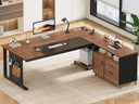 L-Shaped Executive Desk with Rolling File Cabinet & Power Outlets