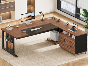 L-Shaped Executive Desk with Rolling File Cabinet & Power Outlets