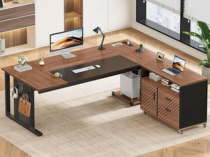 L-Shaped Executive Desk with Rolling File Cabinet & Power Outlets