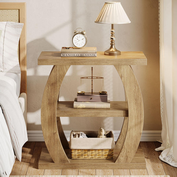 3-Tier Narrow Side Table with Storage – Natural Oak