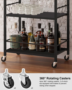 3-Tier Rolling Bar Cart with Wine Rack & Glass Holder