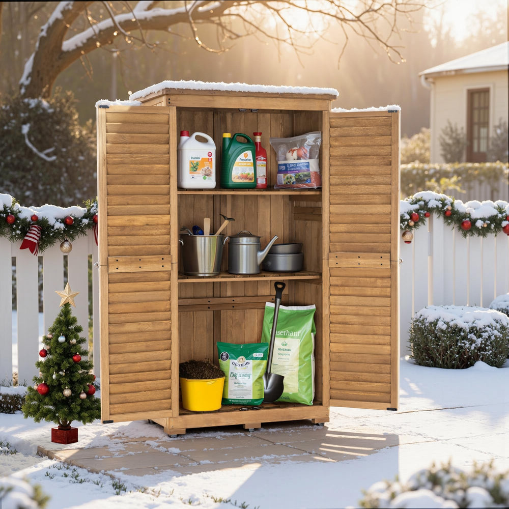 Outdoor Wood Storage Cabinet with Lockable Doors – 63 Inch Vertical Garden Shed