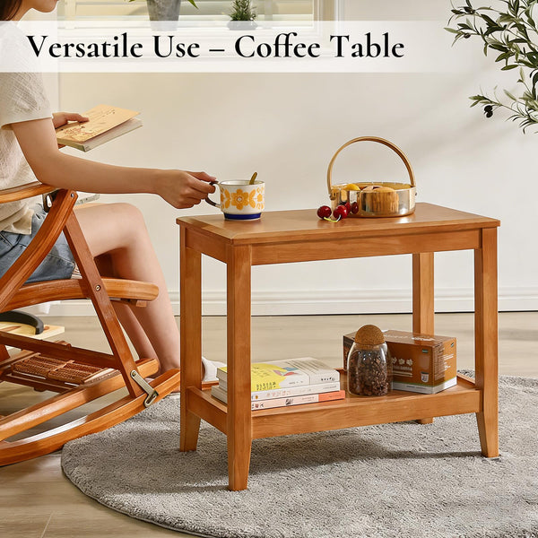Solid Wood 2-Tier End Table with Storage Shelf