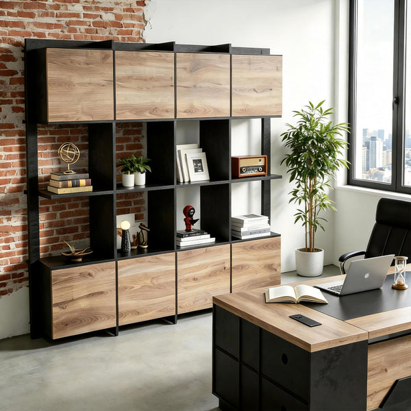 Tall Bookcase with Storage Cabinets & Open Shelves