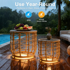 Boho Solar Outdoor Side Tables Set of 2 – All-Weather Wicker Nesting Tables