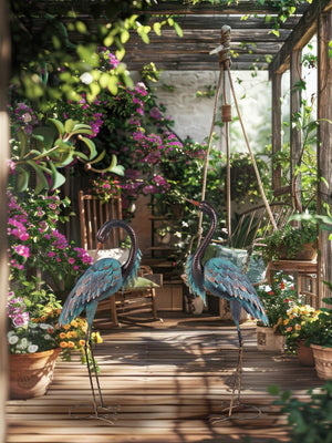 Metal Blue Heron Garden Statues Set of 2 – Outdoor Yard Art Lawn Sculptures