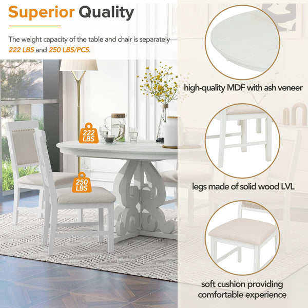 Extendable Round Dining Table Set for 4-6 with Upholstered Chairs