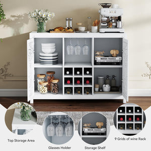 47" Wine Bar Cabinet with 2 Doors, Wine Rack, Glass Holder & Storage – White