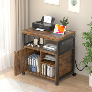 Rolling File Cabinet with Power Outlets, Locking Door & Open Shelves
