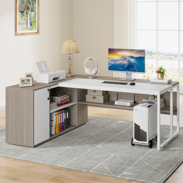 L-Shaped Executive Desk with Storage Cabinet & Shelves, 71"