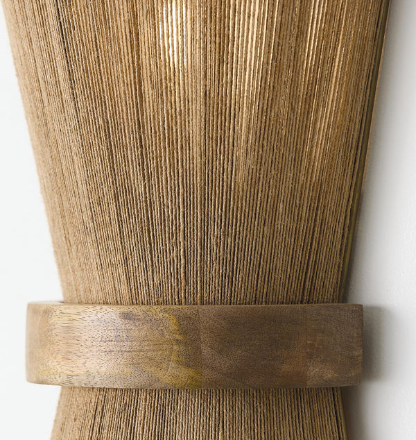 2-Light Mango Wood & Jute Rope Wall Sconce – Matte Brass