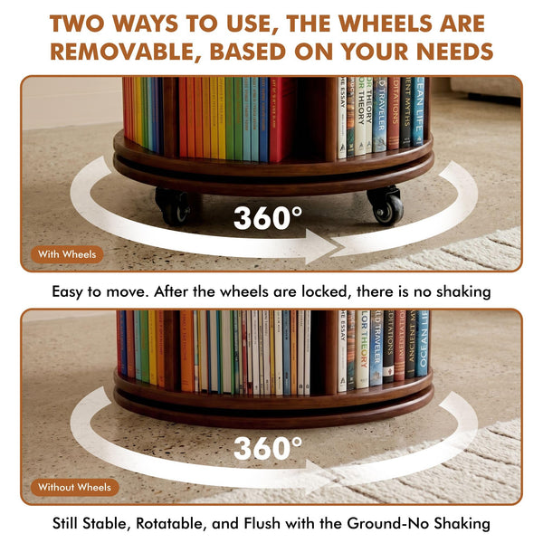 6-Tier Rotating Bookshelf Tower with Lockable Wheels