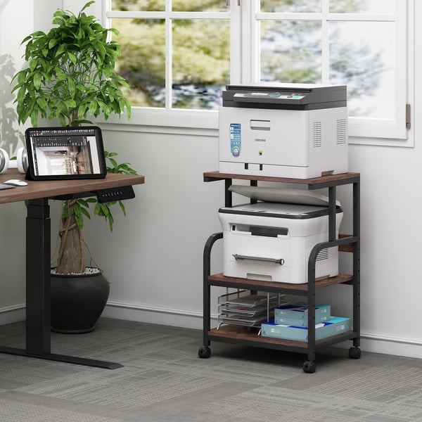 3-Tier Rolling Printer Cart with Height-Adjustable Shelf