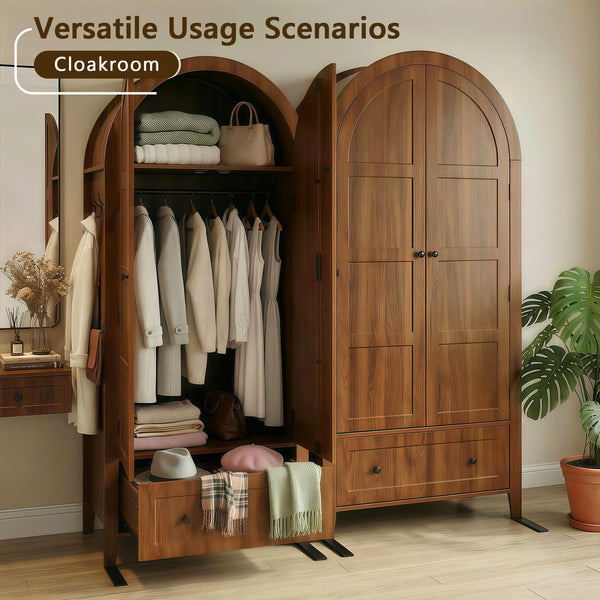 Armoire Wardrobe Closet with Drawer & Arched Doors — Walnut