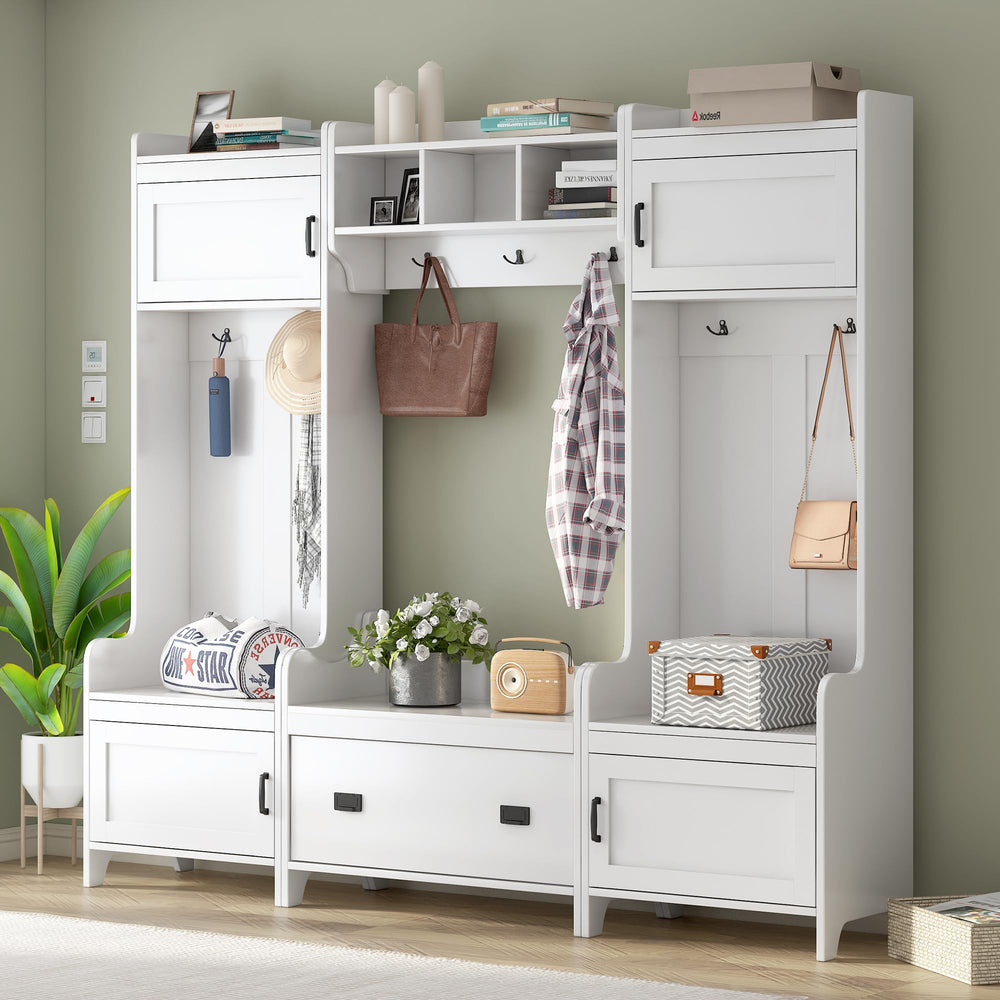 White Entryway Hall Tree with Bench & Shoe Storage