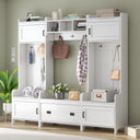 White Entryway Hall Tree with Bench & Shoe Storage