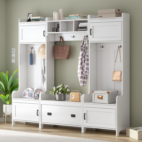White Entryway Hall Tree with Bench & Shoe Storage