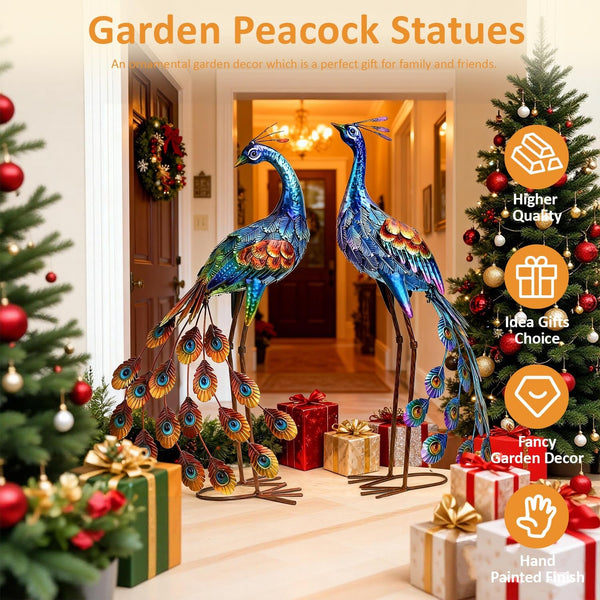 Metal Peacock Garden Statues – Set of 2