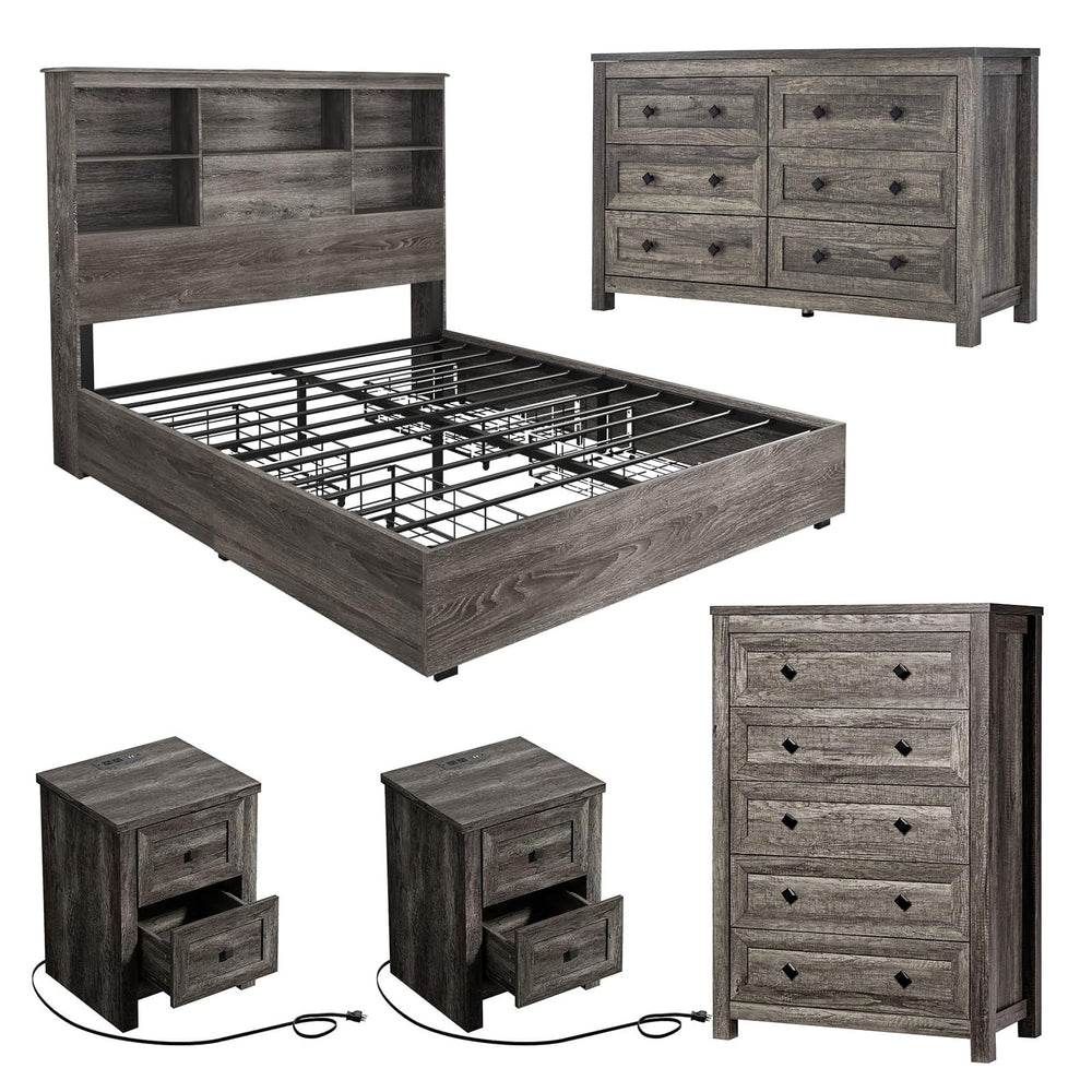 5-Piece Farmhouse Queen Bedroom Set with LED Bed Frame & Charging Stations
