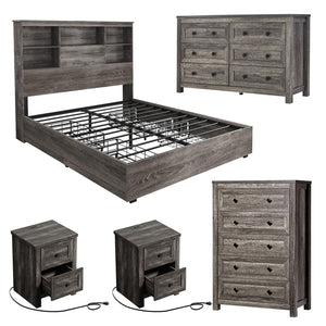 5-Piece Farmhouse Queen Bedroom Set with LED Bed Frame & Charging Stations