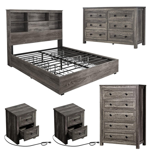 5-Piece Farmhouse Queen Bedroom Set with LED Bed Frame & Charging Stations
