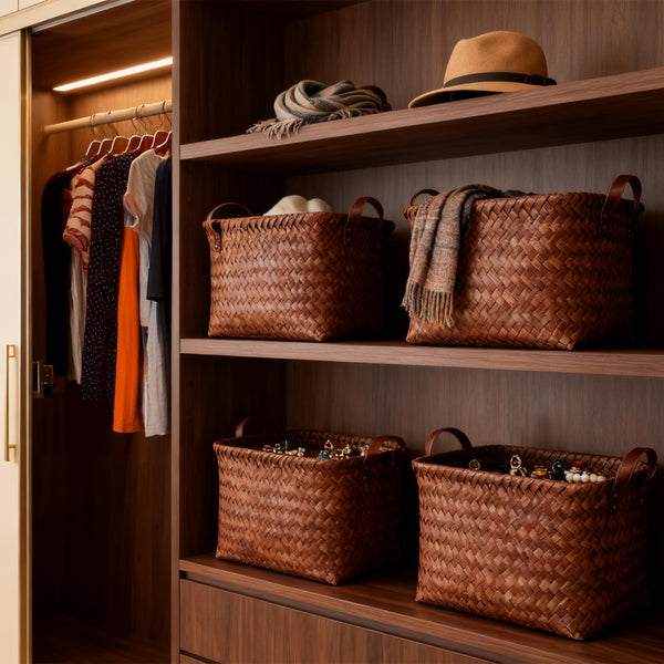 Woven Storage Baskets with Leather Handle