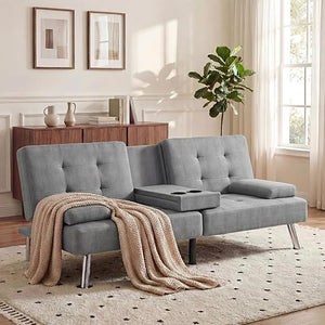 Convertible Futon Sofa Bed with Adjustable Backrest & Armrest