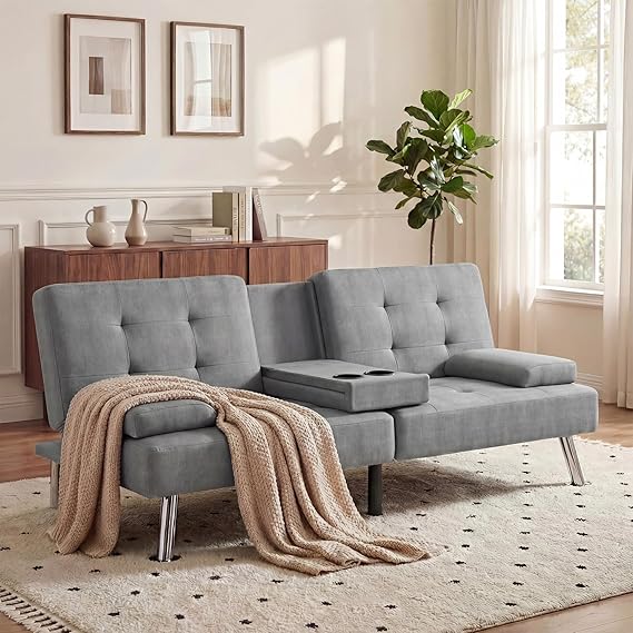 Convertible Futon Sofa Bed with Adjustable Backrest & Armrest