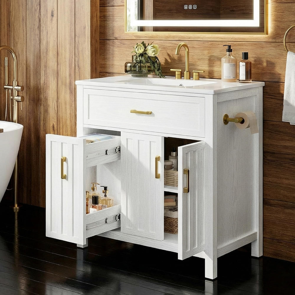 30" Bathroom Vanity with Ceramic Sink, Soft-Close Drawers & Towel Bar – White