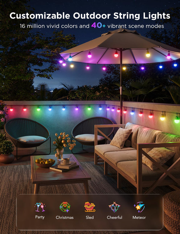 Smart Outdoor String Lights RGBICW LED Bulbs – App & Voice Control