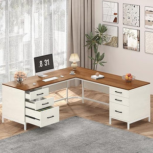 L-Shaped Corner Desk with 6 Drawers and File Cabinet