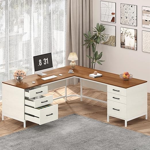 L-Shaped Corner Desk with 6 Drawers and File Cabinet