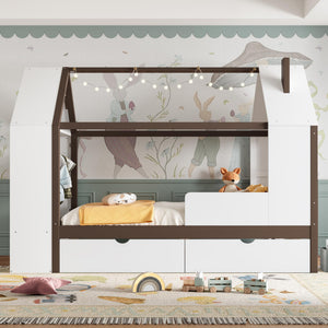 Twin Size House Platform Bed with Storage Drawers, Wardrobe & Shelves