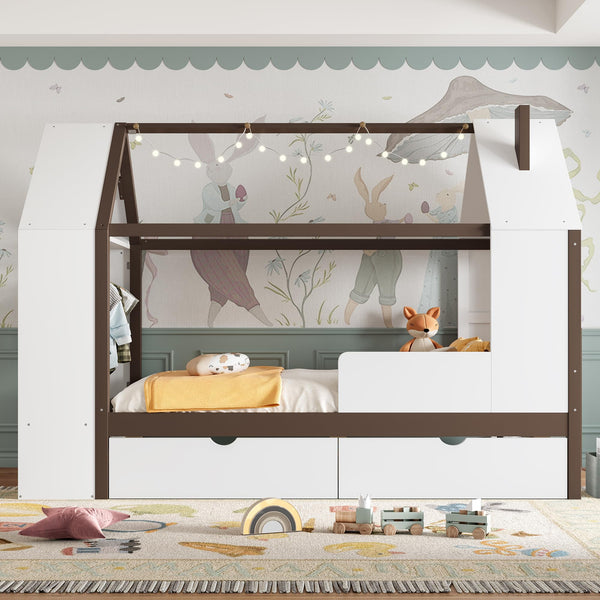 Twin Size House Platform Bed with Storage Drawers, Wardrobe & Shelves