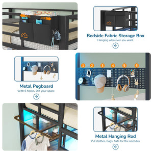 Twin Over Full Metal Bunk Bed with Storage Drawers, Bookshelf & LED Lights