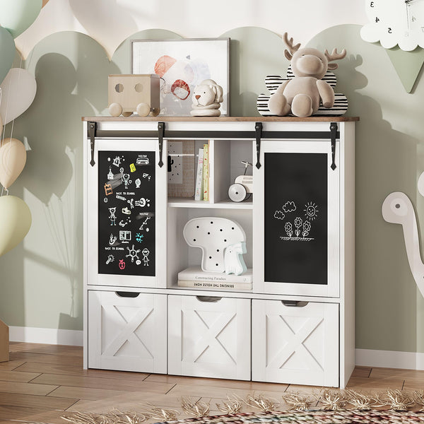 Kids Toy Storage Cabinet with Sliding Chalkboard & 3 Drawers