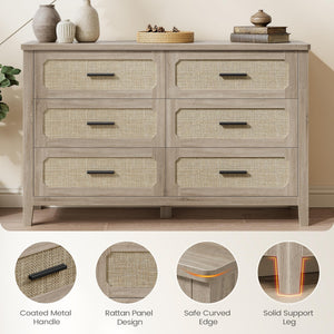 Rattan 6-Drawer Dresser | 48" Wide Boho Chest of Drawers
