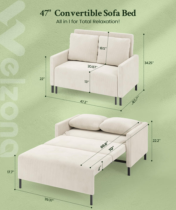 Convertible Loveseat Sofa Bed – Corduroy, 47.2", Cream