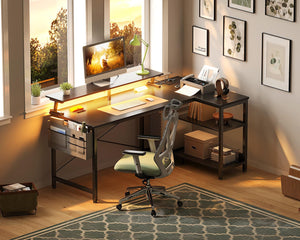 L-Shaped Gaming Desk with LED Lights, USB Charging Ports & Power Outlets