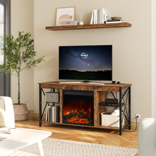 Fireplace TV Stand with Charging Station & LED Lights