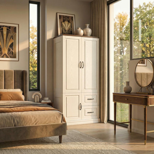 Tall Wardrobe Closet with Drawers & Hanging Rod