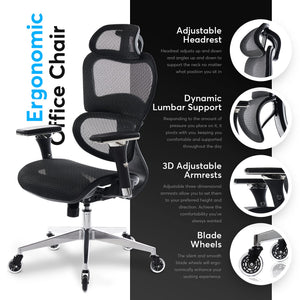 Ergonomic Mesh Office Chair with 4D Armrests, 3D Lumbar Support & Blade Wheels