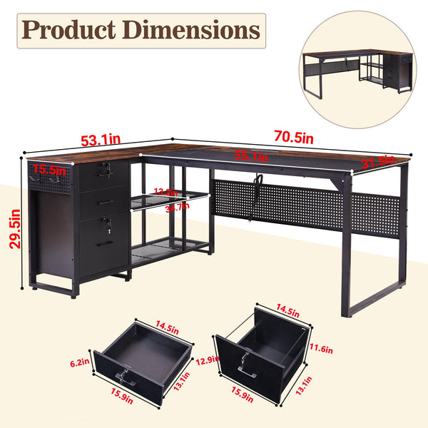 L-Shaped Desk with Drawers & Power Outlet