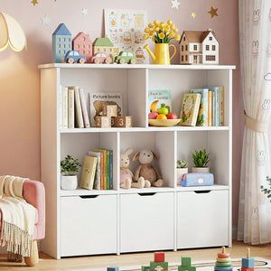 Kids Toy Storage Organizer with 3 Drawers & 5 Open Cubbies — Bookshelf Cabinet for Playroom & Nursery