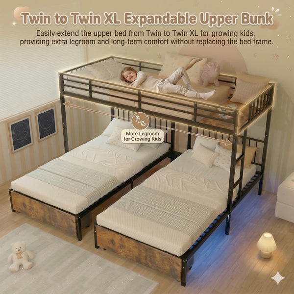 Triple Bunk Bed with Charging Station & LED Lights — Metal, Storage Drawers, Convertible