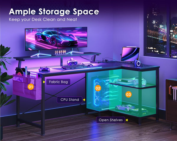 L-Shaped Gaming Desk with LED Lights, USB Charging Ports & Power Outlets