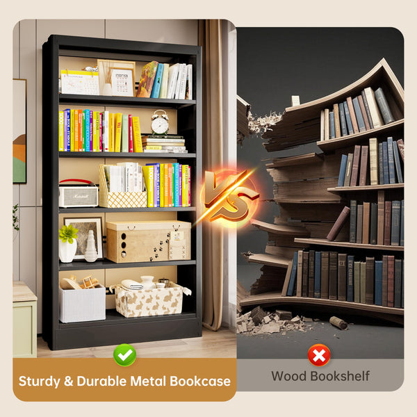 5-Tier Metal Bookcase with Adjustable Shelves