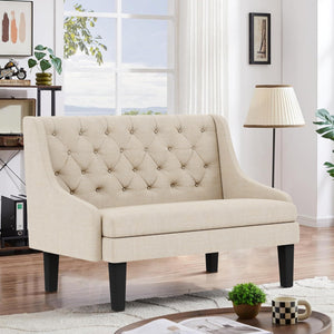 Mid-Century Modern Settee Bench with Tufted Back & Wood Legs