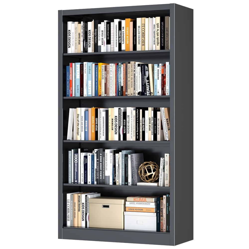 5-Tier Metal Bookcase, 66" Tall with Adjustable Shelves