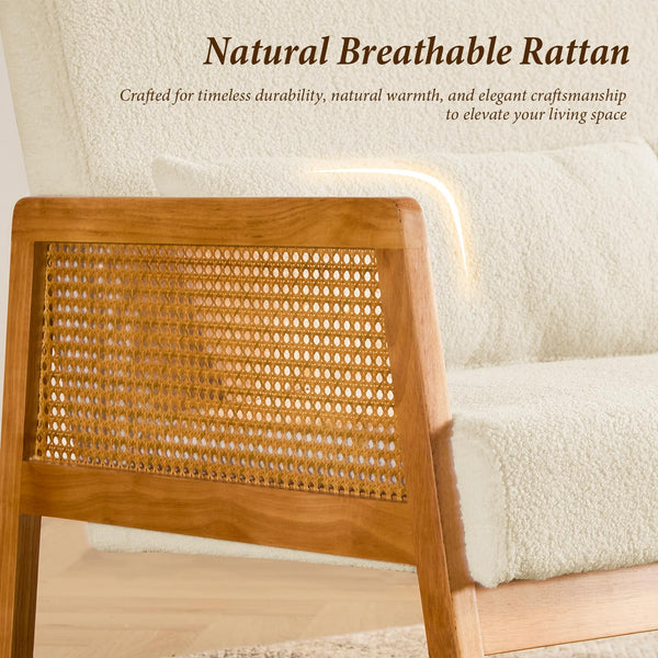 Small Loveseat with Rattan Armrests & Sherpa Fabric